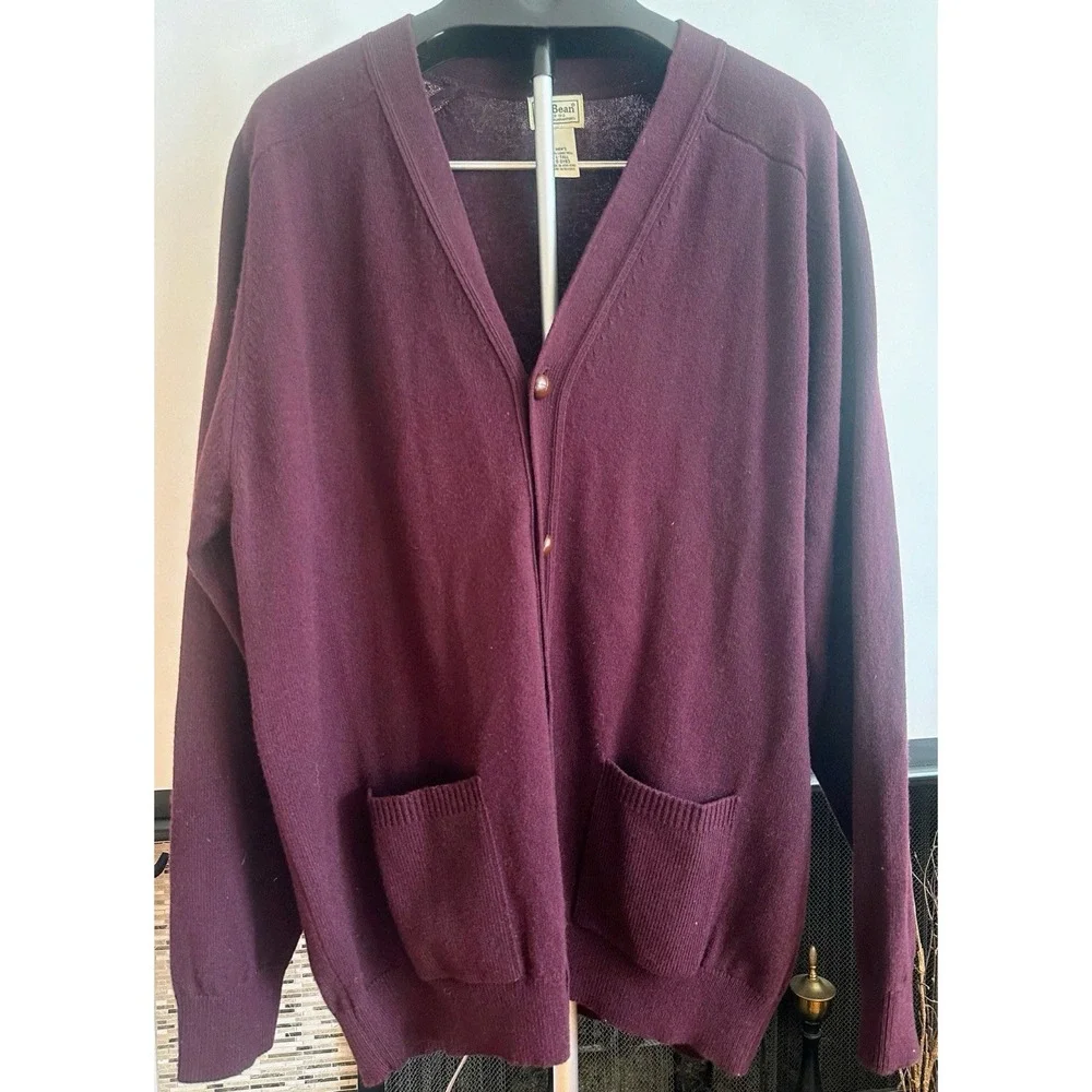 VTG L.L. Bean Lambswool Cardigan Burgundy Grandpa Core L Tall Hong Kong Made